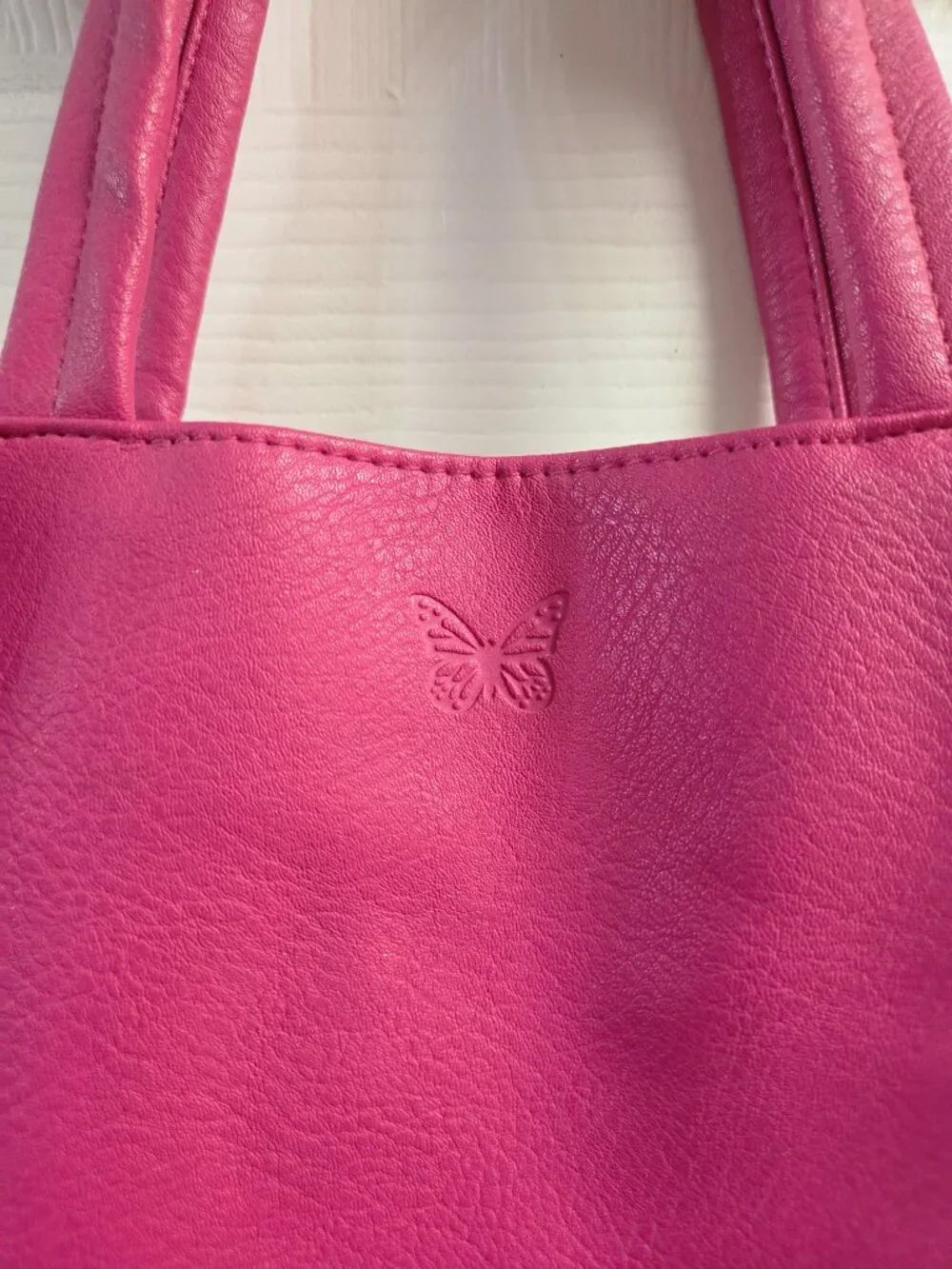 Hanae Mori Parfums Pink Butterfly Faux Leather Embossed Logo Shoulder Tote